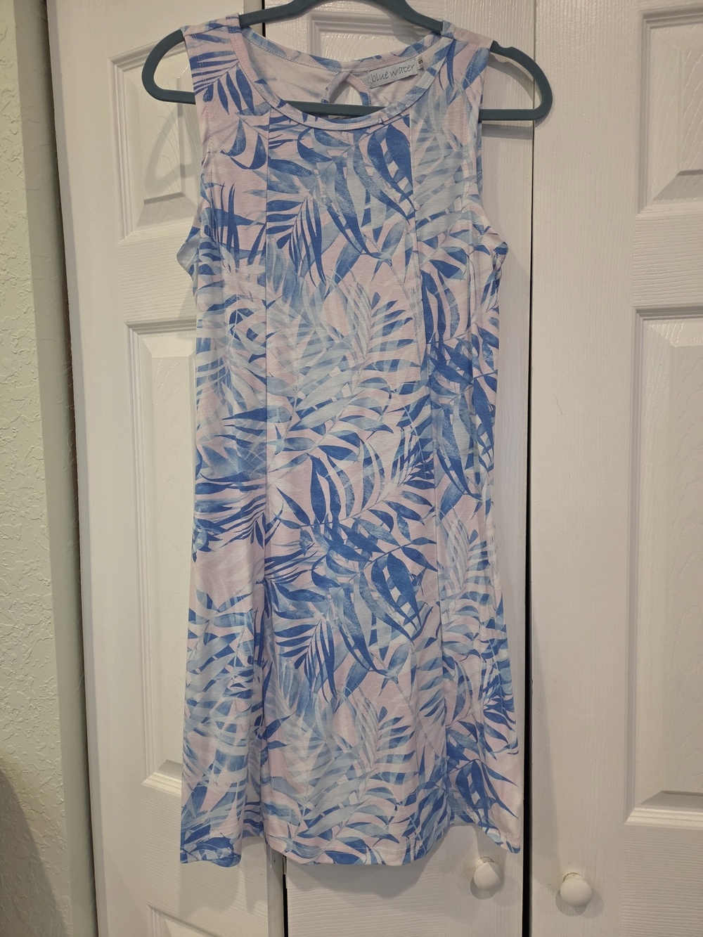 Blue Water Tropical Leaf Sleeveless Dress in Blue & Light Pink